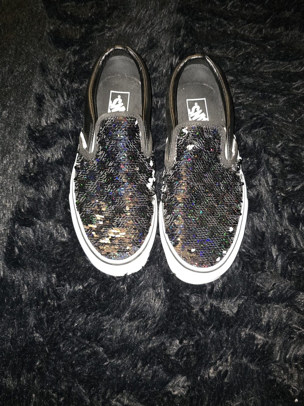 Van Black Sequin Slip-On Sneakers with White Sole